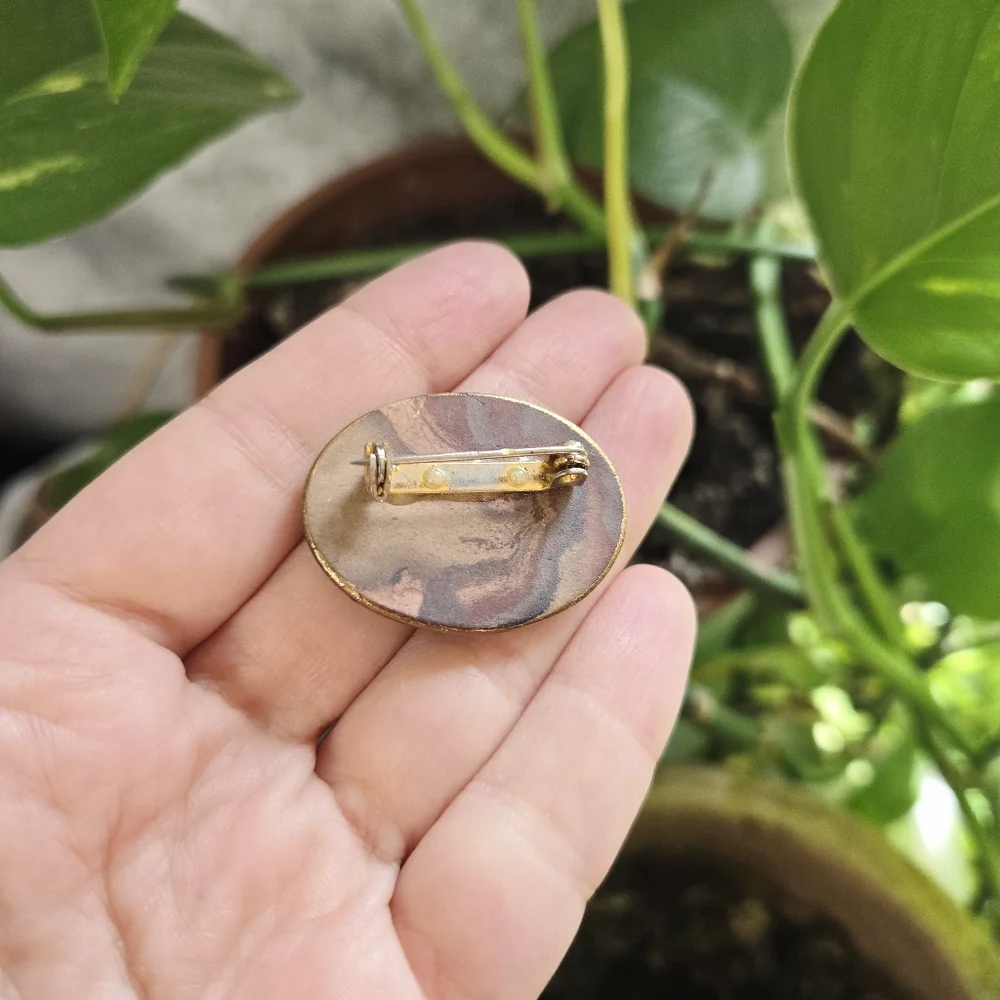 Vintage Brown Agate Oval Stone Earthy Boho Bohemian Brooch Pin